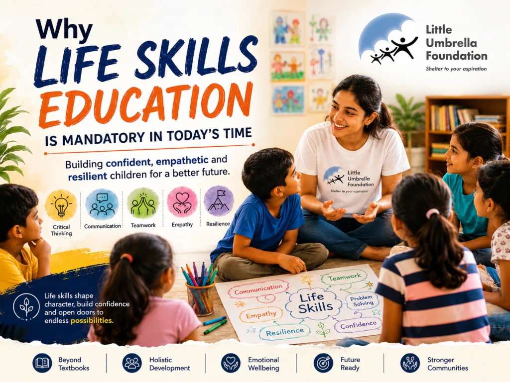 Children participating in a life skills education workshop conducted by Little Umbrella Foundation to build confidence, communication, and emotional resilience.