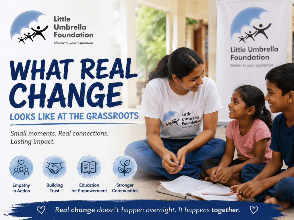 Children and volunteers participating in a grassroots community education program by Little Umbrella Foundation promoting empathy, confidence, and social change.
