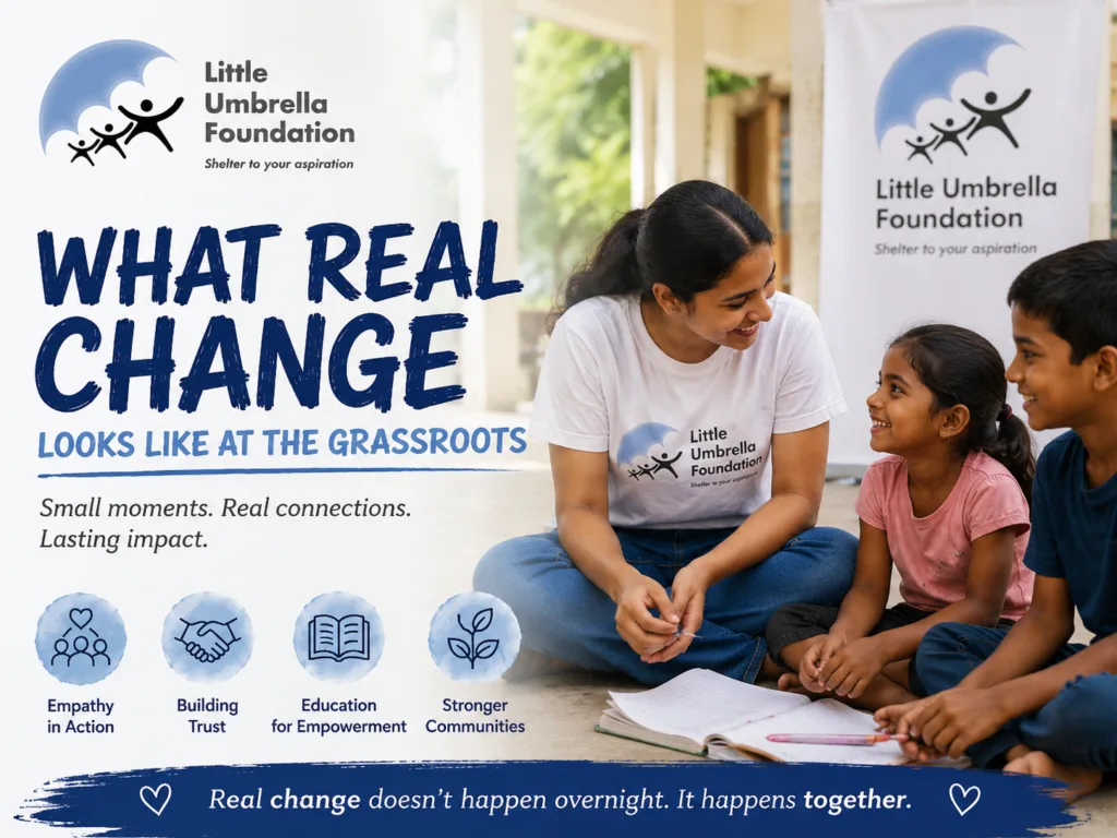 Children and volunteers participating in a grassroots community education program by Little Umbrella Foundation promoting empathy, confidence, and social change.