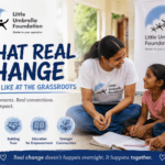 Children and volunteers participating in a grassroots community education program by Little Umbrella Foundation promoting empathy, confidence, and social change.