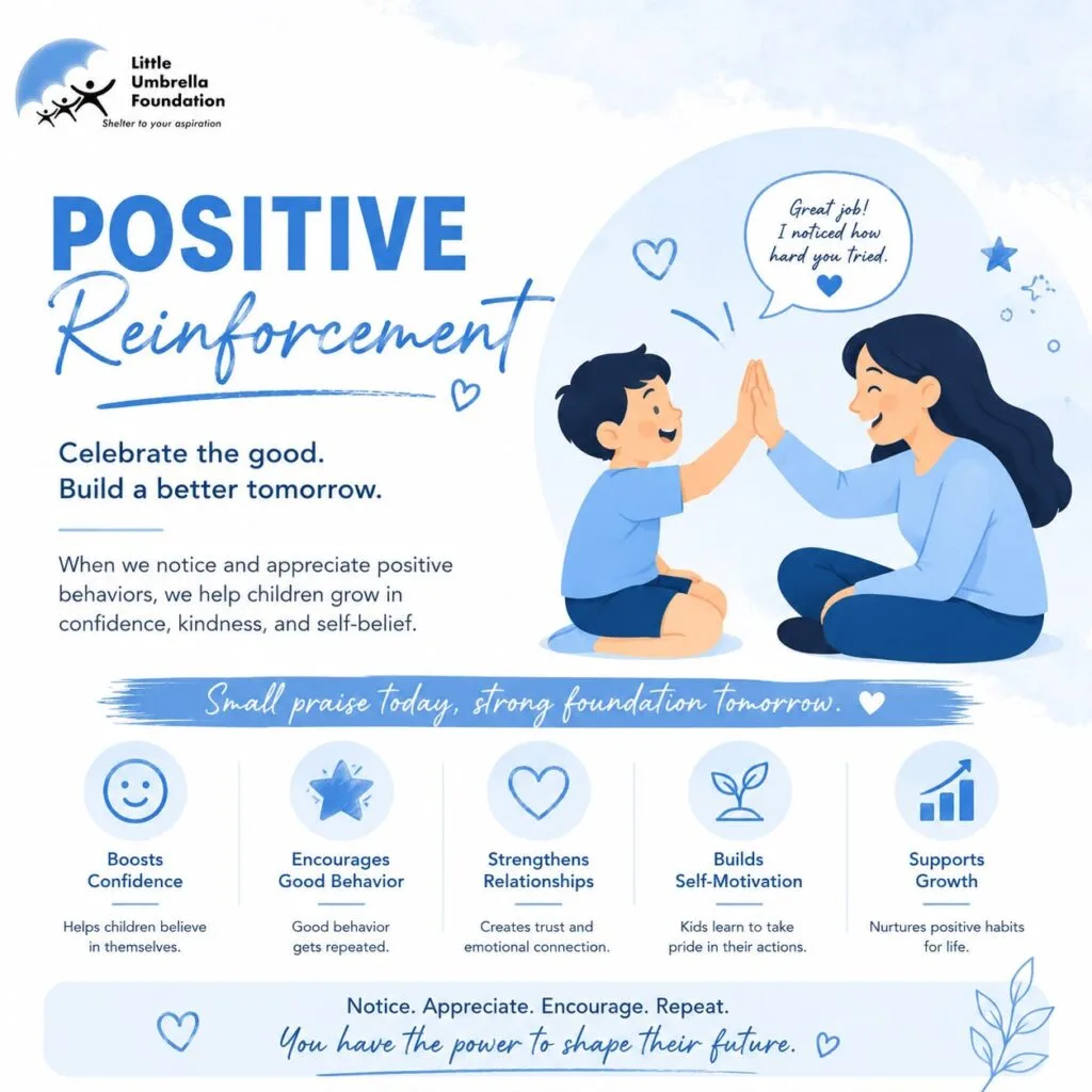 A parent praising a child for positive behaviour, demonstrating positive reinforcement and encouraging confidence, responsibility, and emotional growth.